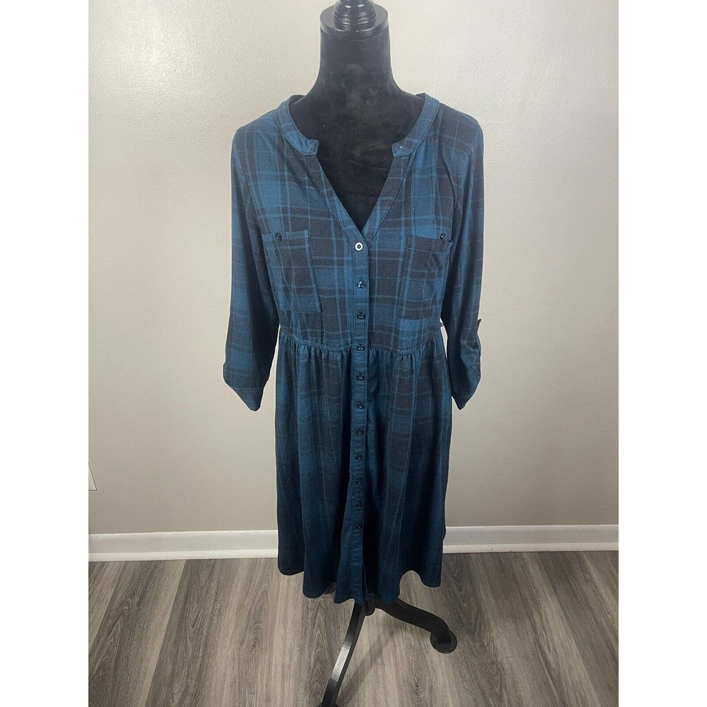 Torrid Button Shirt Dress Size 0 Dark Blue Black Plaid Pockets Long Sleeve